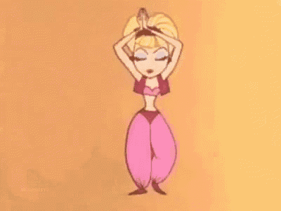 a cartoon of a woman in a pink outfit is dancing .