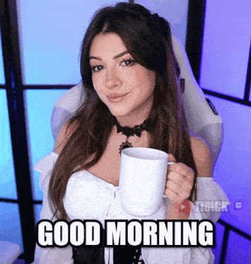 a woman is holding a cup of coffee with the words good morning below her