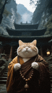 a cat dressed as a monk holds a necklace in front of a temple