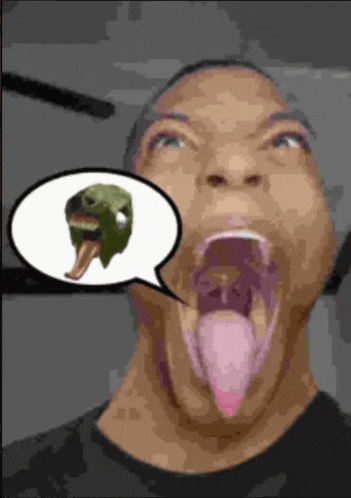 a cartoon of a man with his mouth open and a speech bubble with a picture of a monster in it .