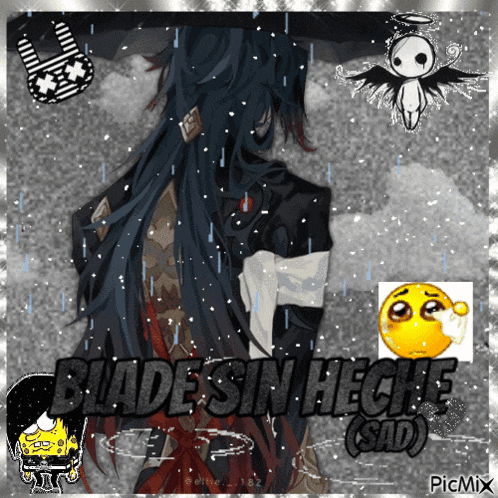 a picture of a person with the words blade sin heche sad on the bottom