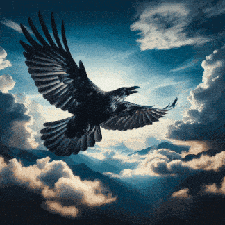 a crow is flying through the clouds over the mountains
