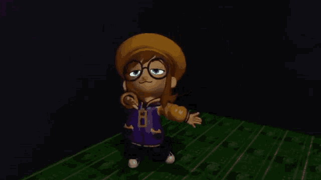 a cartoon character wearing a purple jacket and a yellow hat is standing on a green floor .