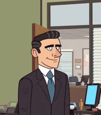 a man in a suit and tie stands in front of a window