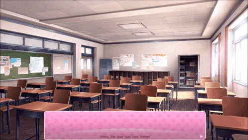 a classroom with lots of desks and chairs and a pink box that says " history "