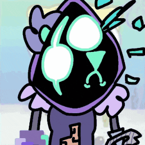 a cartoon drawing of a person with a purple hood and green eyes