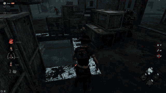 a screenshot of a video game shows a woman standing in front of a wooden crate