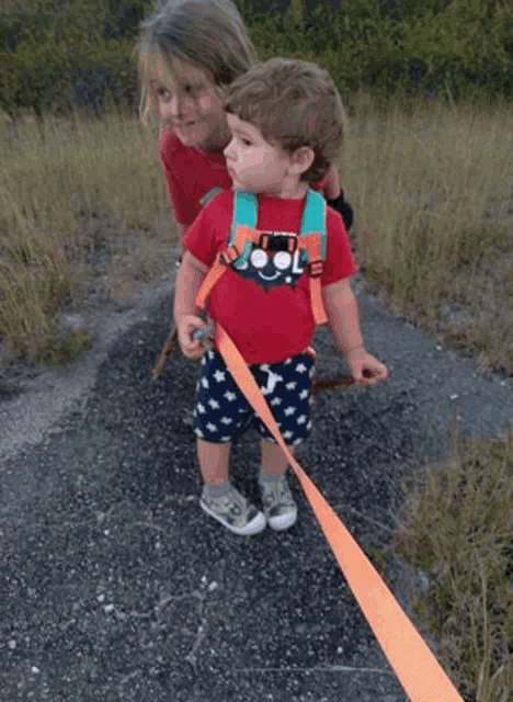 a little boy wearing a red shirt with a truck on it is walking with a girl .