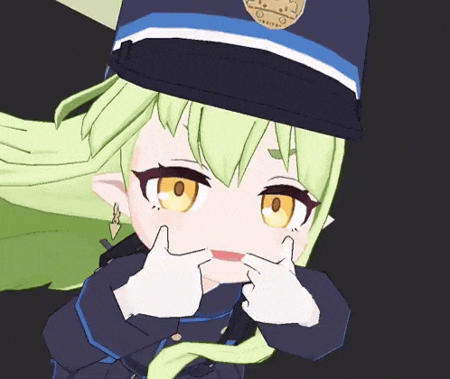 a cartoon character with green hair wearing a police hat and gloves