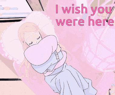 a cartoon of a girl hugging a pillow with the words " i wish you were here "