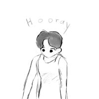 a black and white drawing of a boy with his arms outstretched and the words `` hooray '' above him .