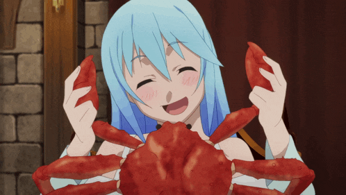 a girl with blue hair is holding a large crab