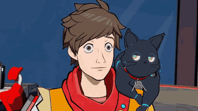 a cartoon drawing of a man holding a cat
