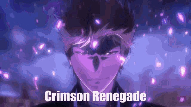 a man with purple hair is standing in front of a purple background with the words crimson renegade written on it .