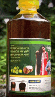 a bottle of 100 % pure hair oil has a before and after picture on the label