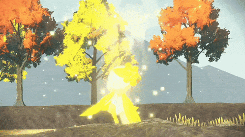 a video game scene with trees and a yellow light coming out of a tree