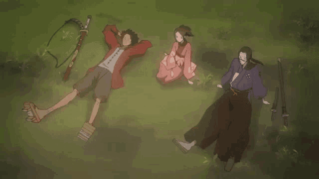 a group of anime characters laying on the grass with swords