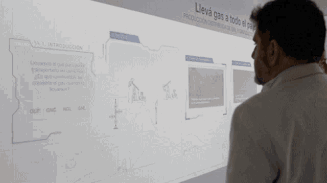 a man stands in front of a large screen that says lleva gas a todo el pais
