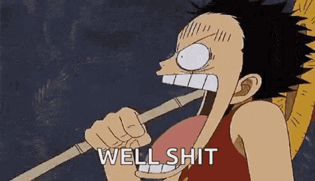 monkey d luffy from one piece is holding a bamboo stick in his mouth and saying `` well shit '' .