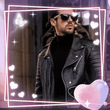 a man wearing sunglasses and a leather jacket surrounded by hearts
