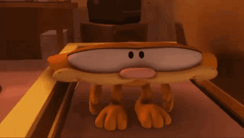 a cartoon character is walking on a treadmill with a yellow background
