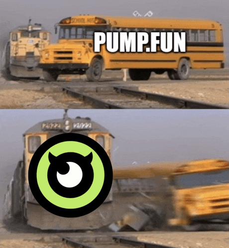 a picture of a school bus and a train that says pump.fun