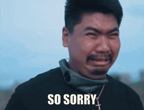 a man is crying with the words so sorry written below him