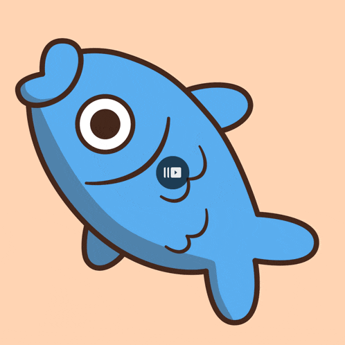 a cartoon drawing of a blue fish with a youtube icon on its nose