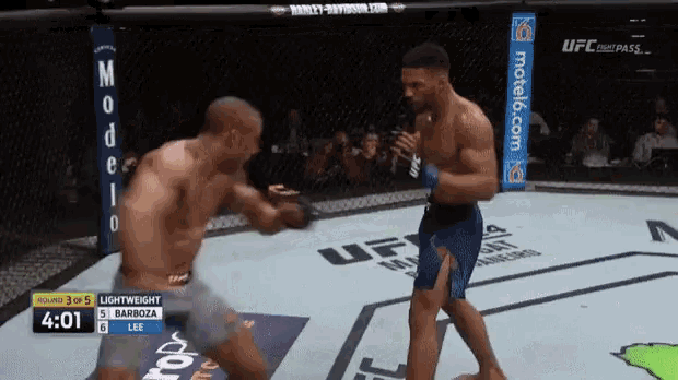 two men are fighting in a ufc ring with motel6.com on the side of the ring