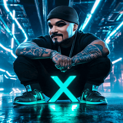 a man squatting down next to a blue x