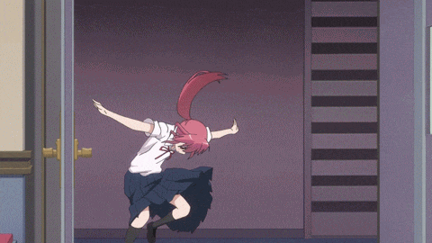 a girl with red hair is dancing in a room