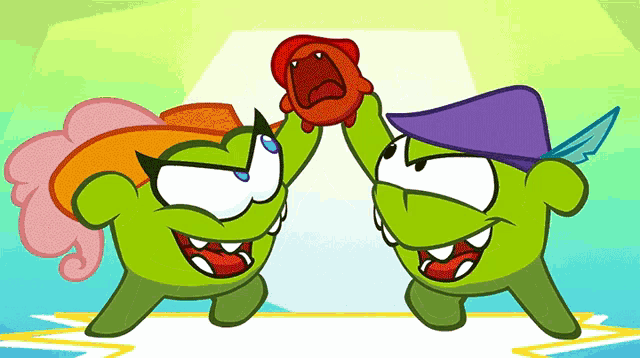 two cartoon characters are giving each other high fives