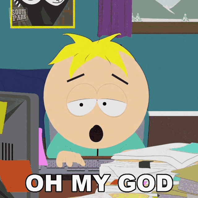 a cartoon character from south park is typing on a computer and says oh my god