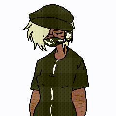 a pixel art drawing of a person wearing a mask and a hat