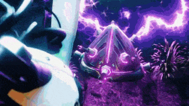 a person is playing a video game with a purple background and a purple object in the background .