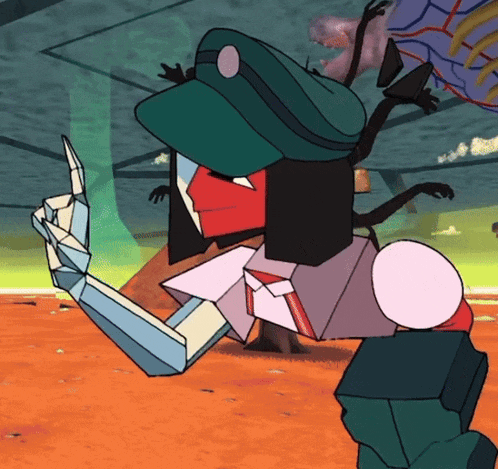 a cartoon character with a green hat is giving a middle finger