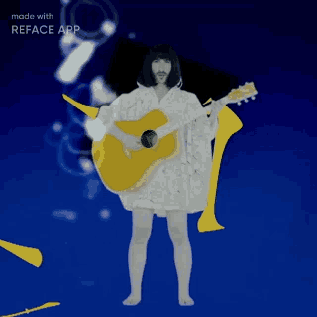 a cartoon of a man playing a guitar with the words made with reface app below