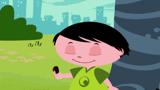 a cartoon character wearing a green shirt with a green circle on it