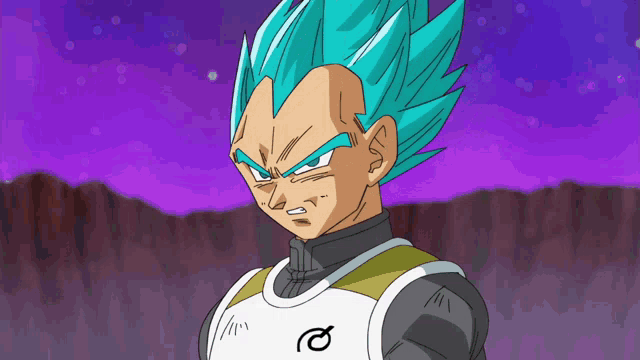 a cartoon character with blue hair is wearing a white vest