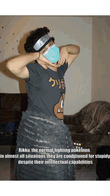 a man wearing a mask and a naruto headband is standing in a room