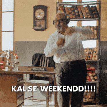 a man wearing headphones is dancing in a room with the words kal se weekendd !!!
