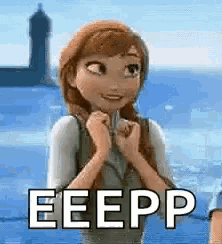 anna from frozen is standing in front of a body of water with the words eeepp above her