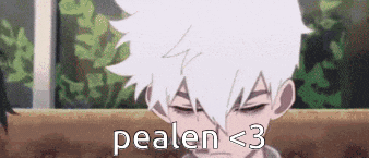 a cartoon character with white hair and the words ' peelen < 3 ' below him