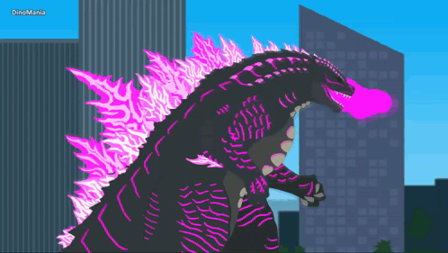 a cartoon drawing of a monster with pink flames and the name dinomania on the bottom right