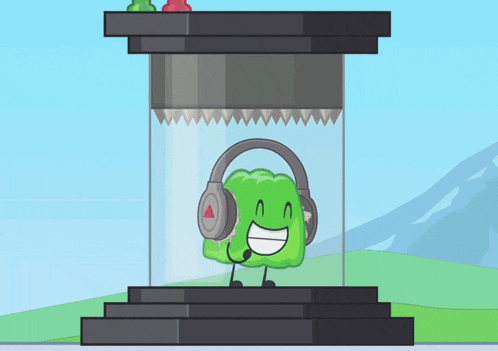 a green gummy bear wearing headphones is in a glass container