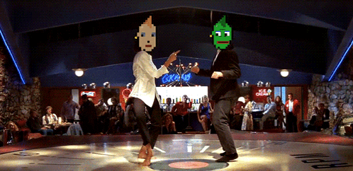 a man and a woman are dancing in front of a sign that says " ice cream "