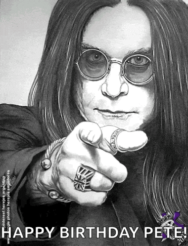 a black and white drawing of a man pointing at the camera with the words happy birthday pete