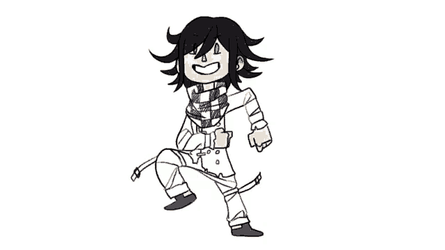 a cartoon of a boy with long hair and a scarf is standing on one leg and smiling .