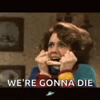 a woman is holding a piece of pizza in her mouth and saying we 're gonna die .