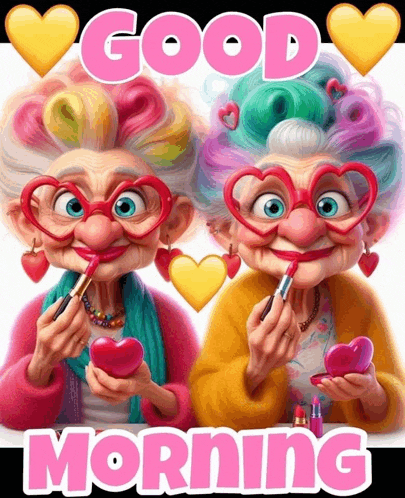 a cartoon of two older women applying lipstick with the words good morning below them